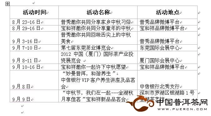 云南普洱茶（集团）有限公司九月活动一览