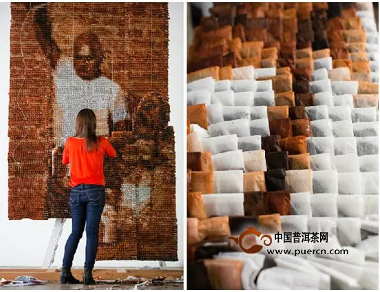 马来西亚艺术家用2万个茶包制作出“送茶男子”画像